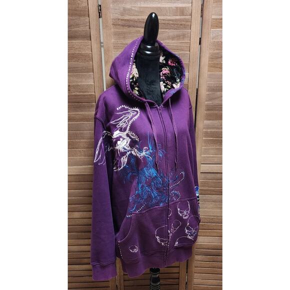 Ruthless Art 2X Beaded, Embroidered Purple Full Zip Floral Skull Hooded Sweater - Picture 2 of 7